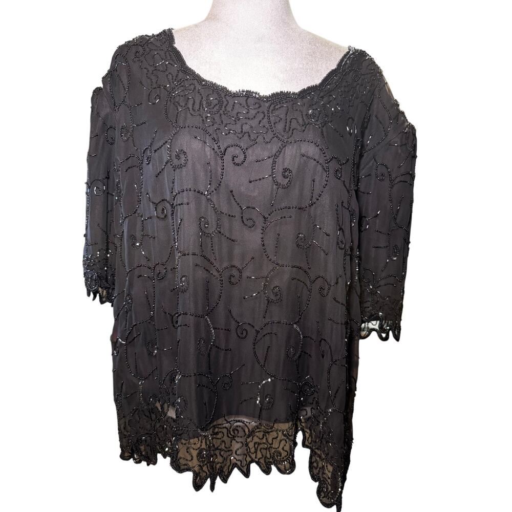 Laurence Kazar Vintage 100% Silk Beaded Sequin Evening Top, Black, Plus Size 3X